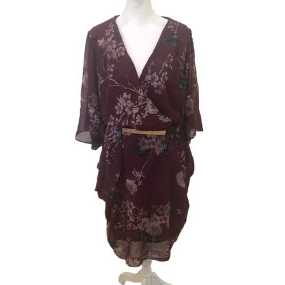 City Chic Dresses & Skirts - City Chic Size XL/22 maroon floral faux wrap dress. Flutter sleeve belt
